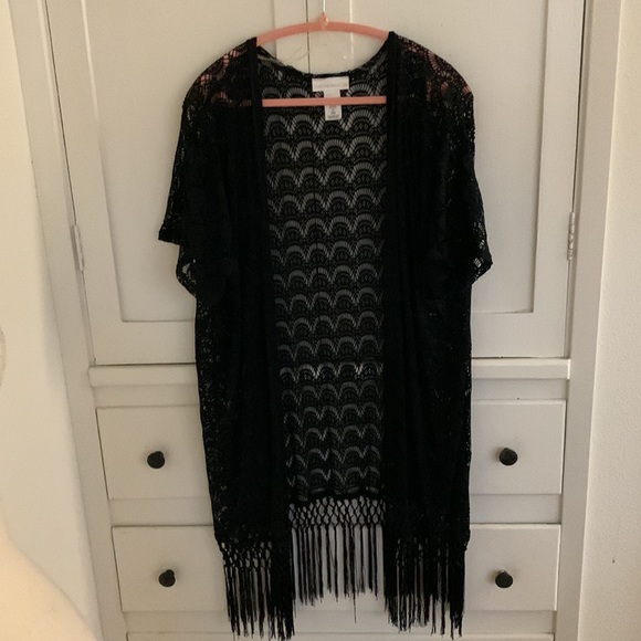 La Blanca swimsuit black fringe crochet open cover up size S/M - Picture 6 of 7
